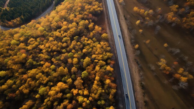 Aerial view of the road in the autumn forest Top view