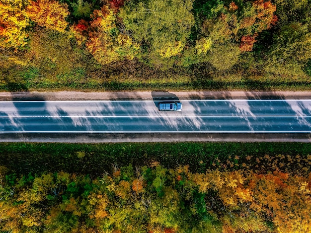 Aerial view of road in beautiful autumn forest in rural Finland Beautiful landscape with rural road and trees with colorful leaves