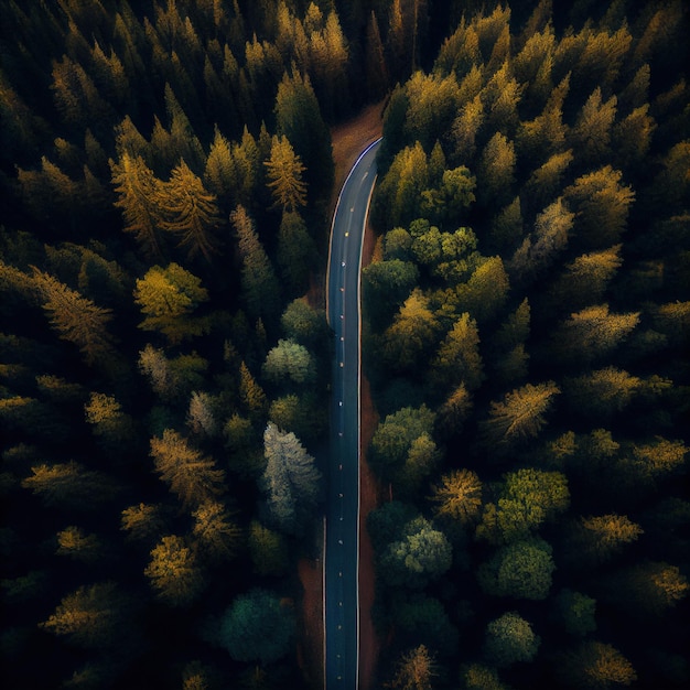 Aerial view of road in colorful autumn forest Generative Ai