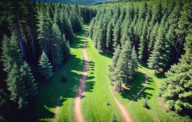 Aerial view of the road in the coniferous forest