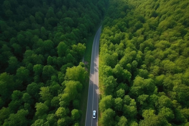 공중에서 내려다보는 도로와 숲을 통과하는 숲길 제너레이티브 AI