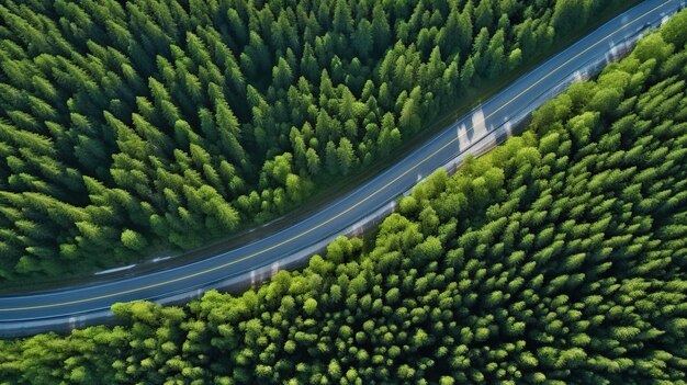 Aerial view of the road in the forest View from above