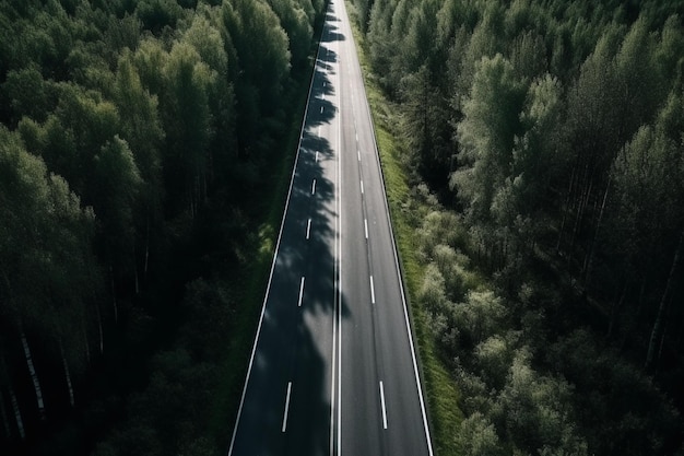 森の中の道の空撮。