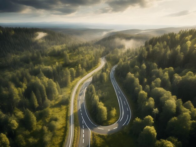 森の上の道路の空撮