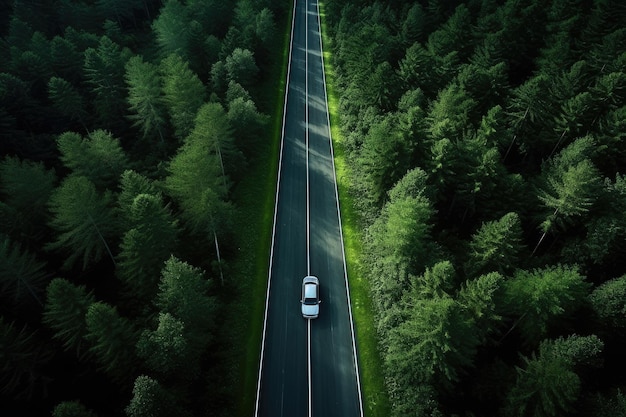 Aerial view road going through forest with car