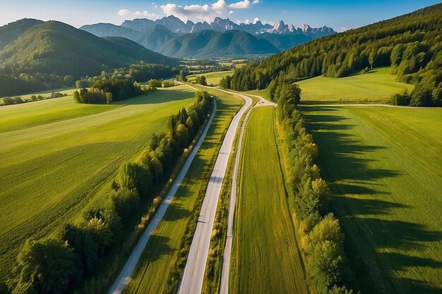 Aerial view of road in green meadows at summer sunny day