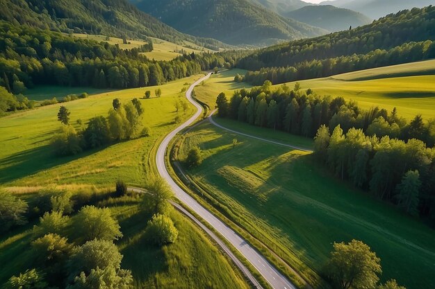 Aerial view of road in green meadows at summer sunny day