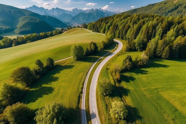 Aerial view of road in green meadows at summer sunny day