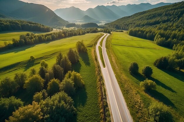 Aerial view of road in green meadows at summer sunny day