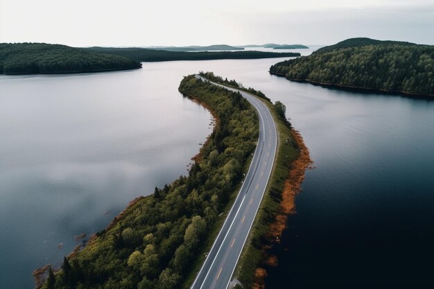 Aerial View of road above a lake