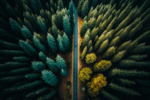 An aerial view of road in the middle of forest Generative AI