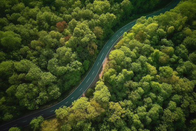 Aerial view road in the middle forest Top view road going through green forest adventure Ecosystem ecology healthy environment road trip travel