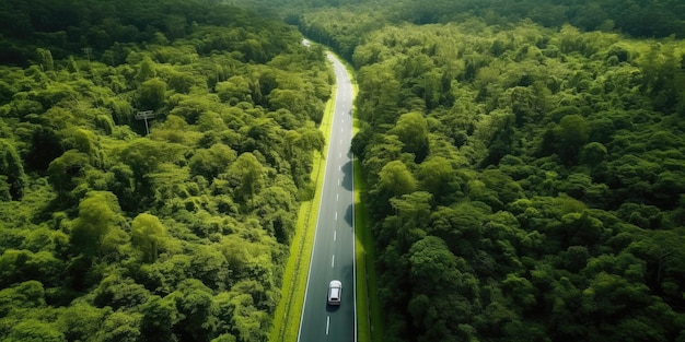 Aerial view road in the middle forest Top view road going through green forest adventure Ecosystem ecology healthy environment road trip travel