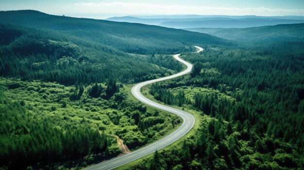 Aerial view of a road in the middle of the forest