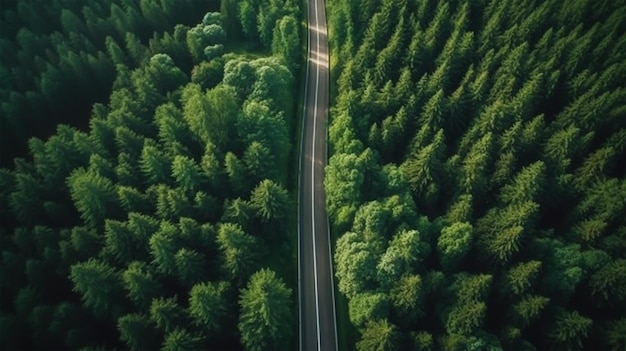 Aerial view of a road in the middle of the forest