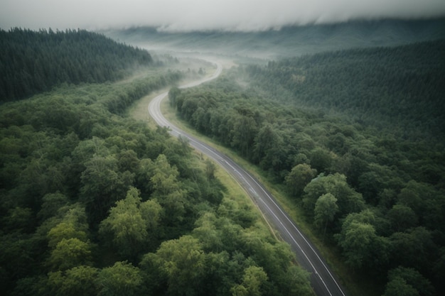 Aerial view of road in the middle of the forest