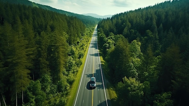 Aerial view of a road in the middle of the green forest and mountain