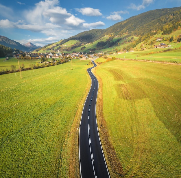 Aerial view of the road in mountain valley Top view