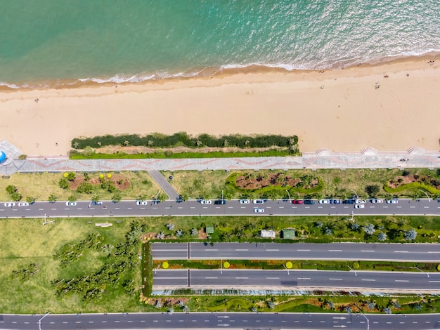 Aerial view of road near the sea