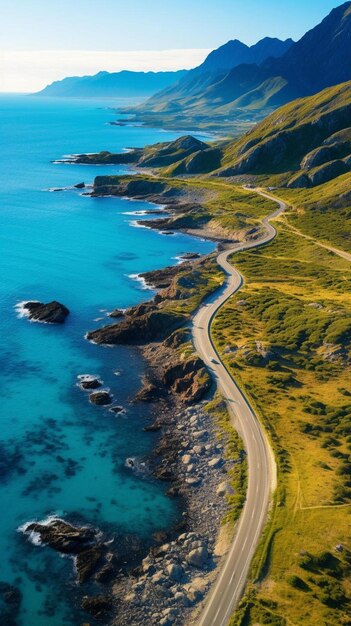 Aerial view of road rocky sea coast with waves and stones at sunset in lofoten islands