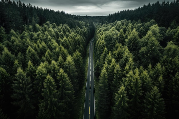 Aerial view of the road through the coniferous forest Aerial view of forest and road in the middle of forest AI Generated
