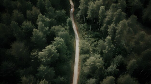 Aerial view of a road through the green forest