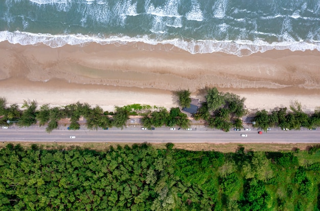 タイの日中の木と大海原の間の道路の航空写真