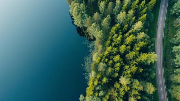 夏の青い湖の水で緑の森のある道路の空中景色