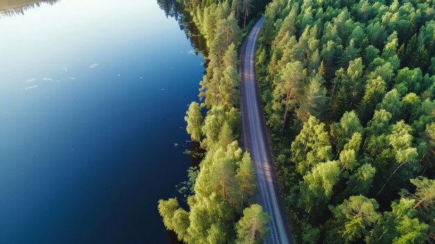 Aerial view of road with green woods by blue lakes water in summer