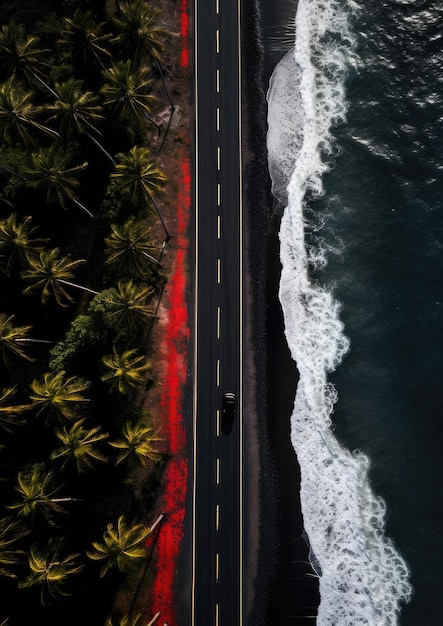 Вид с воздуха на дорогу с красным автомобилем, морем и пальмами. Концепция летнего путешествия. Обои