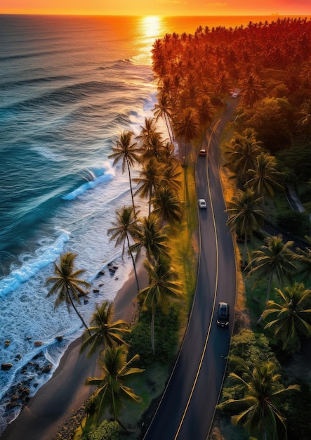 Aerial view on road with red car with sunset sea and palms Summer travel concept Wallpaper