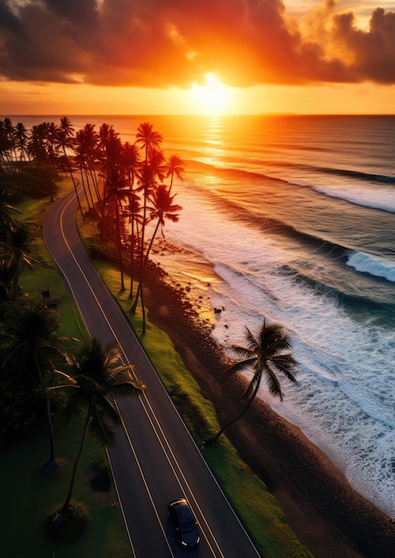 Photo aerial view on road with red car with sunset sea and palms summer travel concept wallpaper