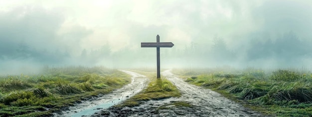 Aerial view of a road with a sign pointing in two directions