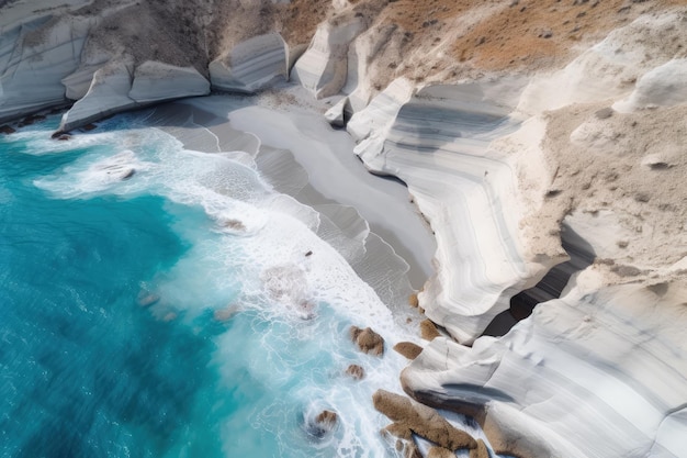 An aerial view of a rocky beach with blue water generative ai