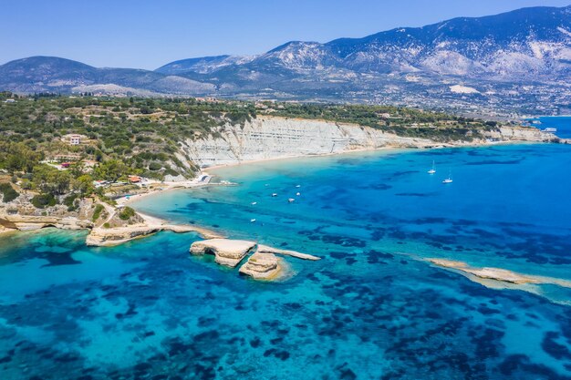 Aerial view of rocky cost of Amandakis Beach Kefalonia Ionian island Greece