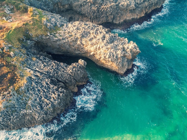 Aerial view of the rocky sea coast The coast near the city of Buelna Asturias Spain