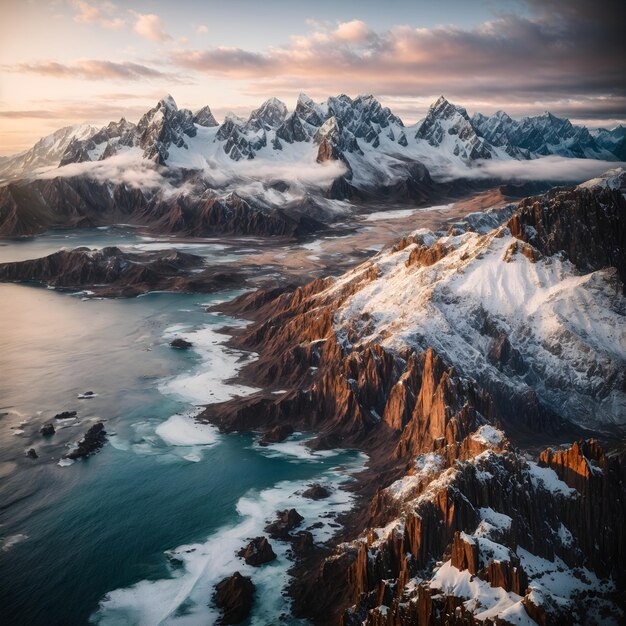 Aerial View of Rocky Shores Snowy Peaks and Sunset Sky