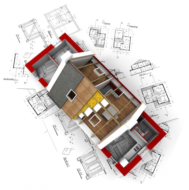 Photo aerial view of a roofless house on architect blueprints