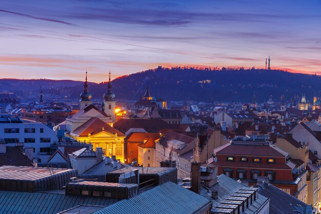 Aerial view over roofs of old town at night in prague czech republic