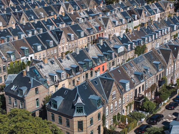 Aerial view of the rooftops of Kartoffelraekkerne neighborhood in Oesterbro Copenhagen Denmark