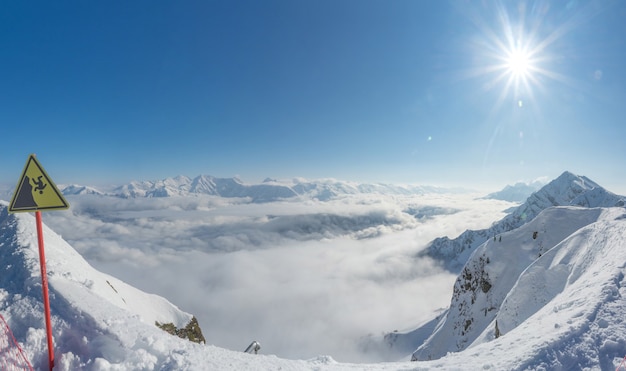 Aerial View Rosa Khutor Ski Resort mountains covered by snow in Krasnaya Polyana Russia