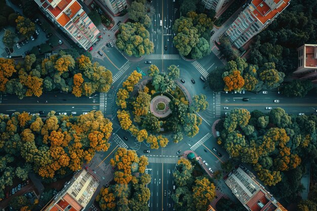 Photo aerial view of a roundabout surrounded by autumn trees