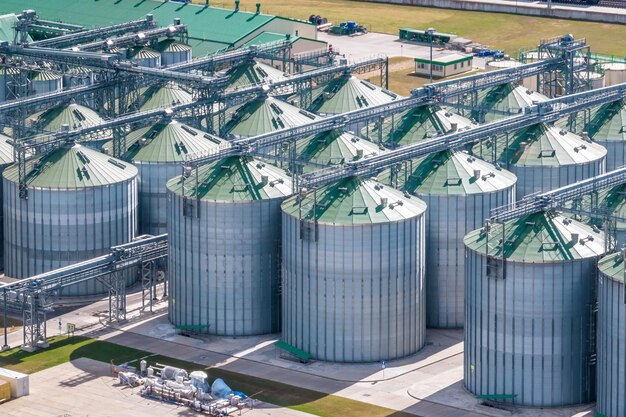 Aerial view on rows of agro silos granary elevator with seeds\
cleaning line on agroprocessing manufacturing plant for processing\
drying cleaning and storage of agricultural products