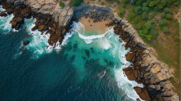 Aerial View of Rugged Coastline and Turquoise Waters