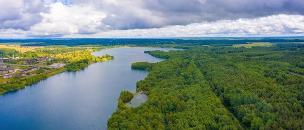 Aerial view of the Rummu abandoned prison Tallinn Estonia lake beach. Beautiful view of the lake.