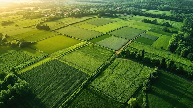 緑の畑と植物と自然の背景の農業用農地を持つ農村の風景の空中写真