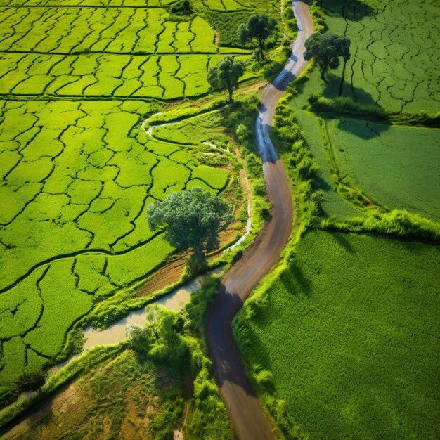 Aerial view of a rural road through farmland natura