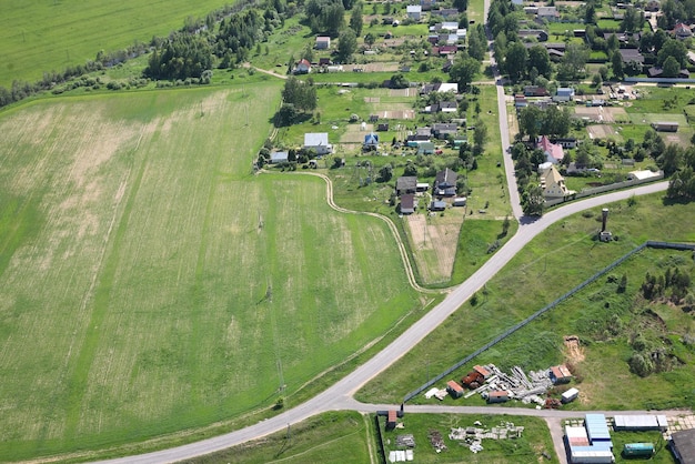 Aerial View Russian village at the road