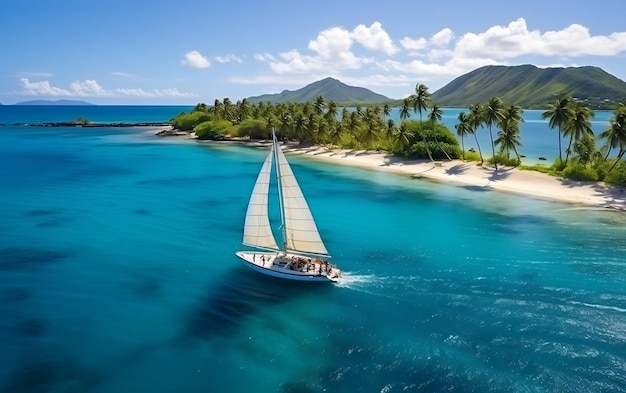 An aerial view of a sailboat sailing in the vast ocean AI