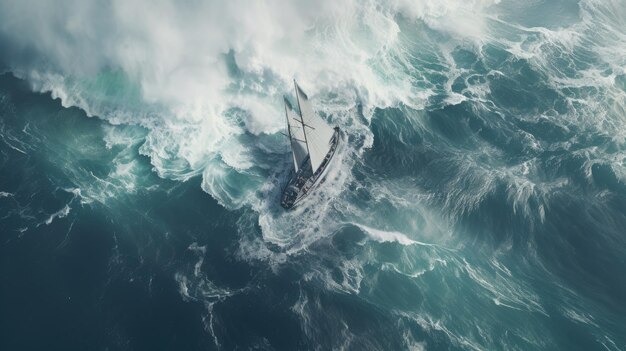 Aerial view of a sailboat struggling against a stormy sea